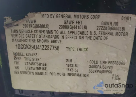 2001 Chevrolet Silverado 2500 Ls из США, поврежденный, VIN 1GCGK29U41Z237758